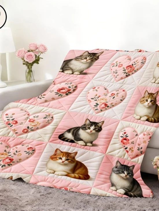 Pink Kitten Patchwork Blanket 60x50 Soft Plush Floral Cat Cozy Gift - Picture 2 of 2